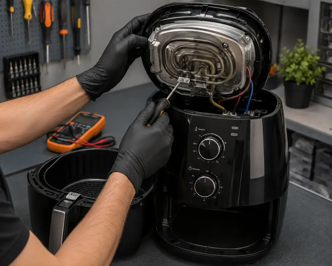 Técnico da Eletrix Consertos consertando a resistência de uma air fryer em São Paulo