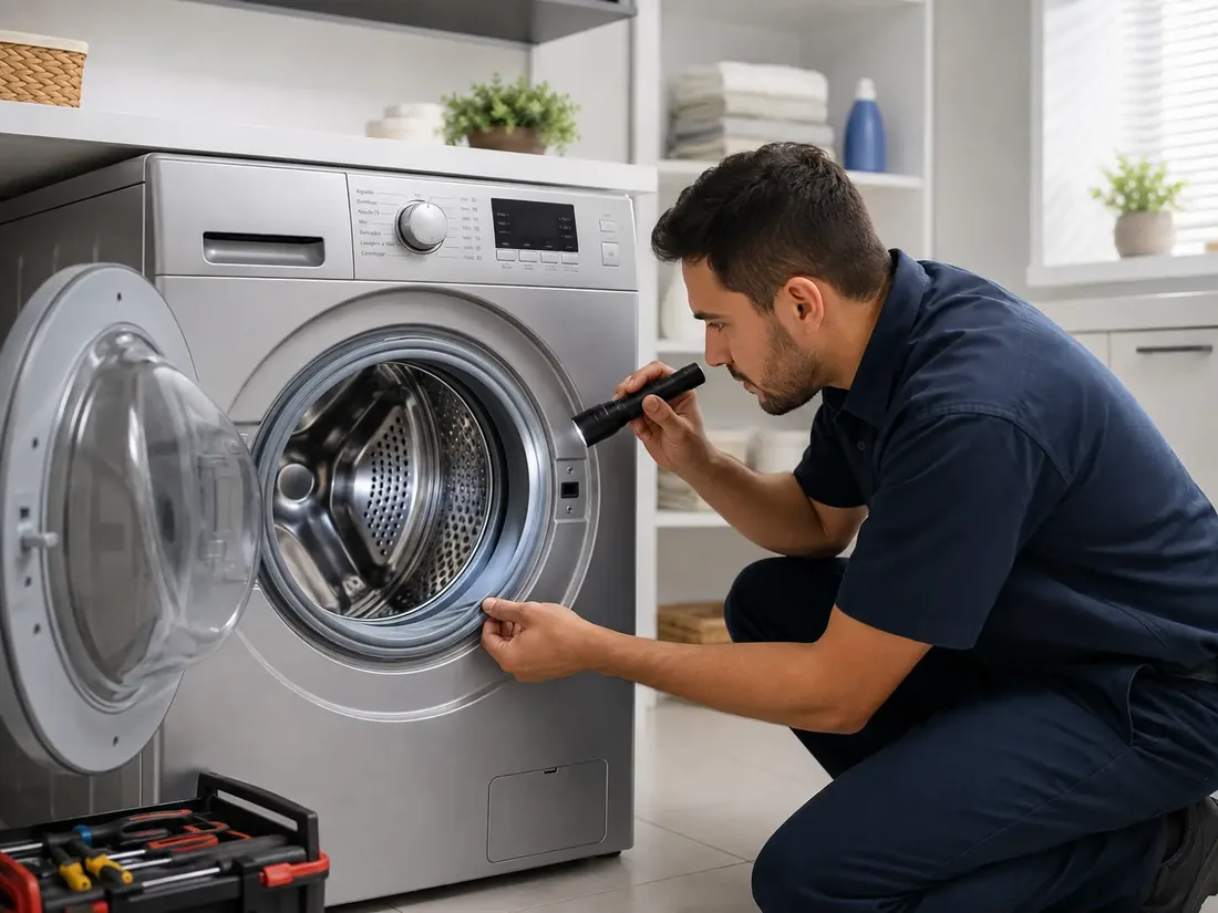 Técnico da Eletrix Consertos inspecionando o tambor de uma máquina de lavar durante o conserto em São Paulo