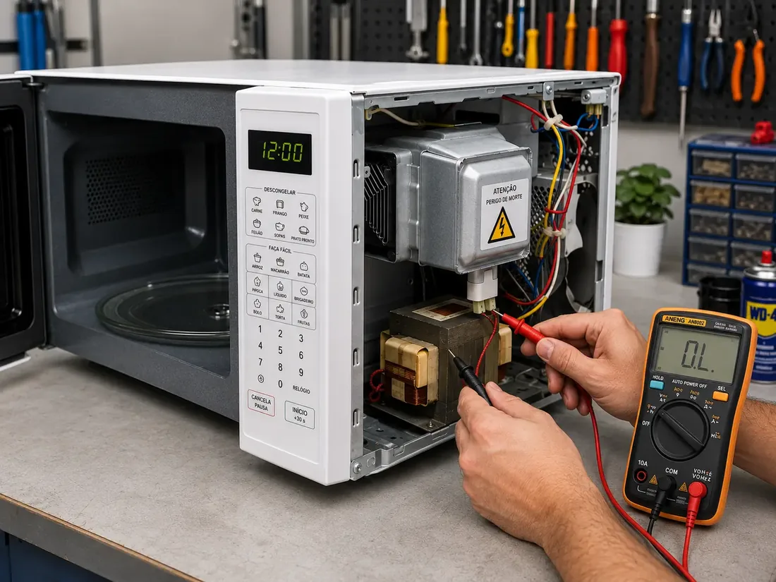 Técnico da Eletrix Consertos testando o magnetron de um micro-ondas durante o conserto em São Paulo