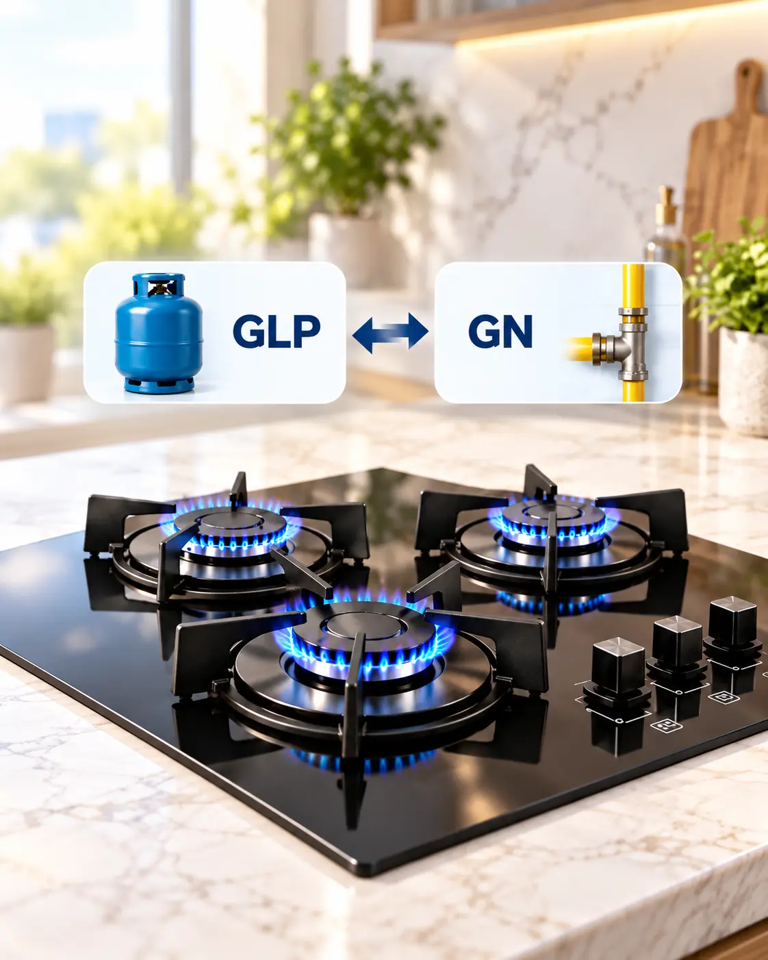 Cooktop a gás aceso sobre bancada de cozinha, com a indicação da conversão entre GLP (gás de botijão) e GN (gás natural)