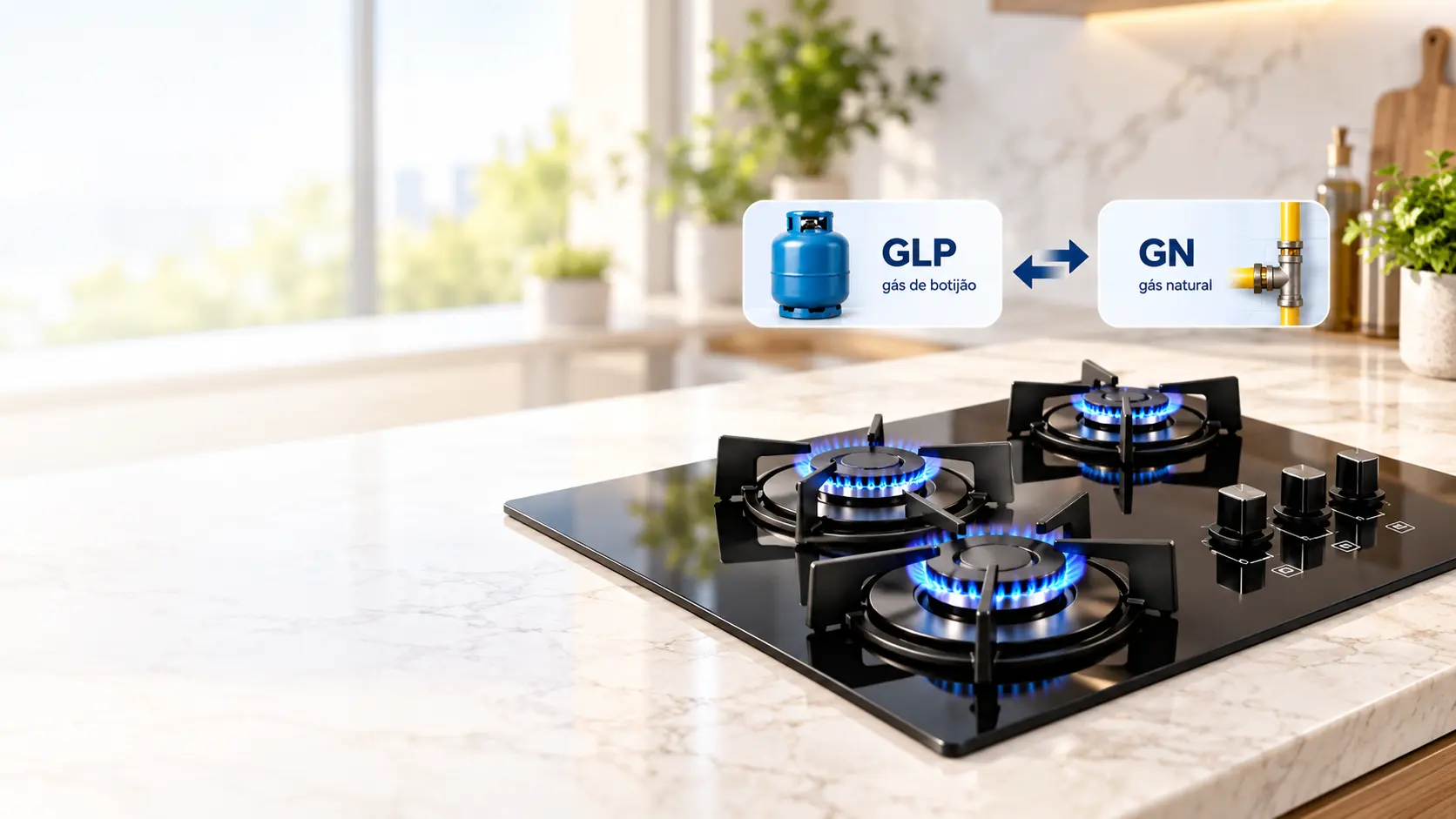 Cooktop a gás com a indicação da conversão entre GLP (gás de botijão) e GN (gás natural)