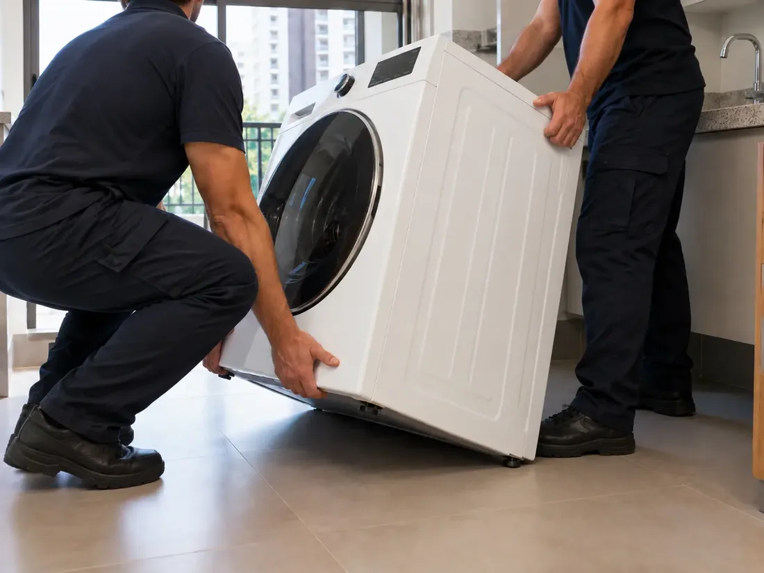 Dois profissionais manipulando uma lava e seca em apartamento para retirada