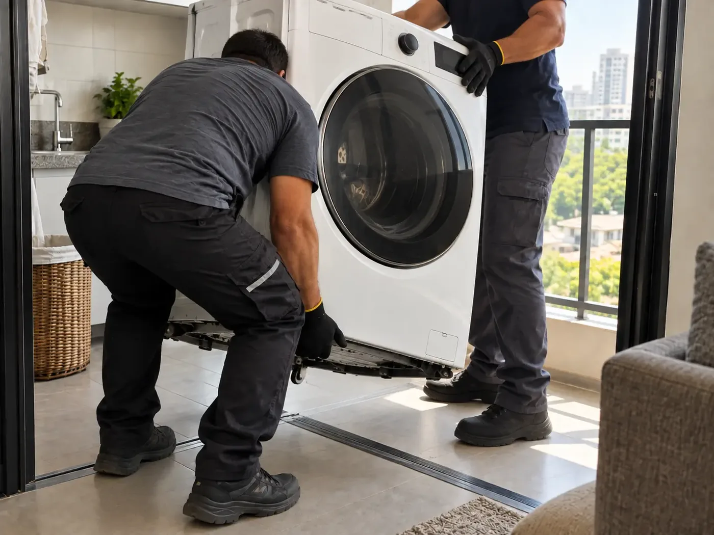 Dois profissionais da Eletrix Consertos retirando uma máquina de lavar de um apartamento