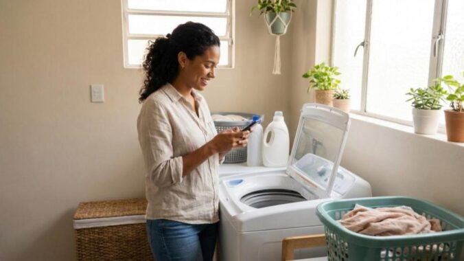 Dona de casa digitando no celular buscando ajuda para consertar sua máquina de lavar