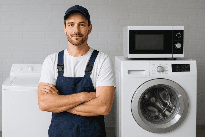 Técnico de eletrodomésticos de braços cruzados e uniforme profissional com máquina de lavar e microondas atrás deles