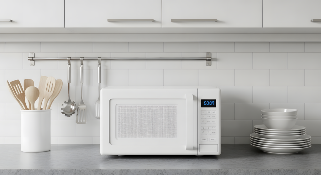 Micro-ondas na cozinha de um apartamento moderno