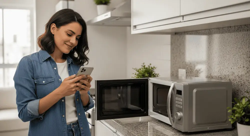 Mulher procurando um serviço de conserto de microondas