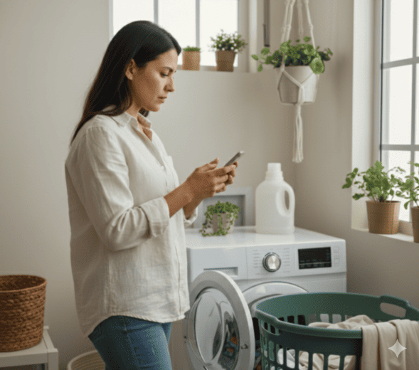 Mulher digitando no celular buscando ajuda para conserto de lava e seca